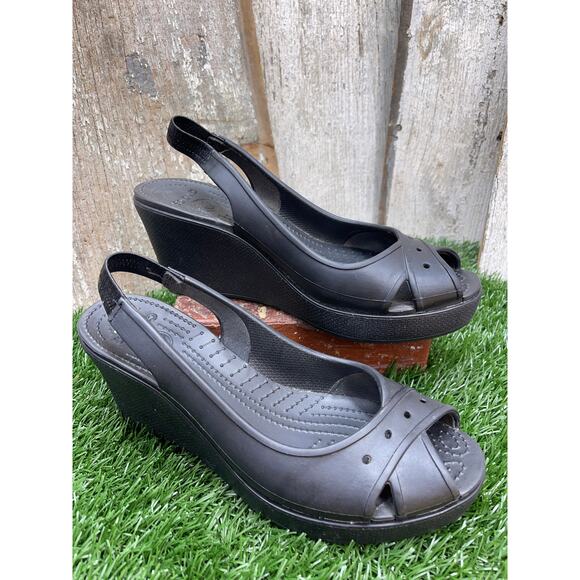 CROCS Farrah Black Slingback Wedge Platform Peeptoe Sandals Heels Women's 10 - Picture 1 of 7